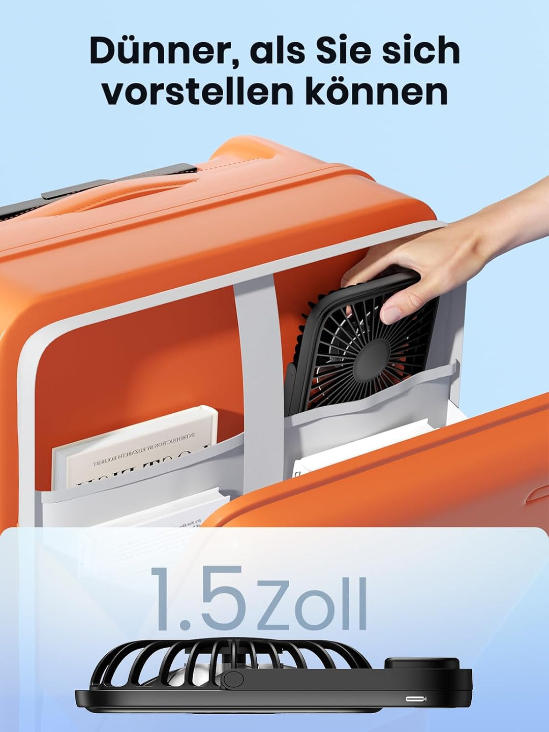 Warmco 5000mAh Tragbarer Ventilator, Ultra-dünn Akku Tischventilator Klein, Leise 4-Stufen, 180° Nei
