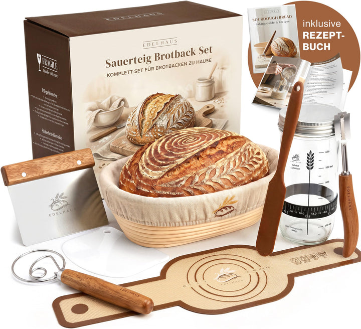 EDELHAUS Gärkörbchen Set 7-teilig zum Brotbacken, komplettes Sauerteig Brotbackset mit Sauerteig Gla
