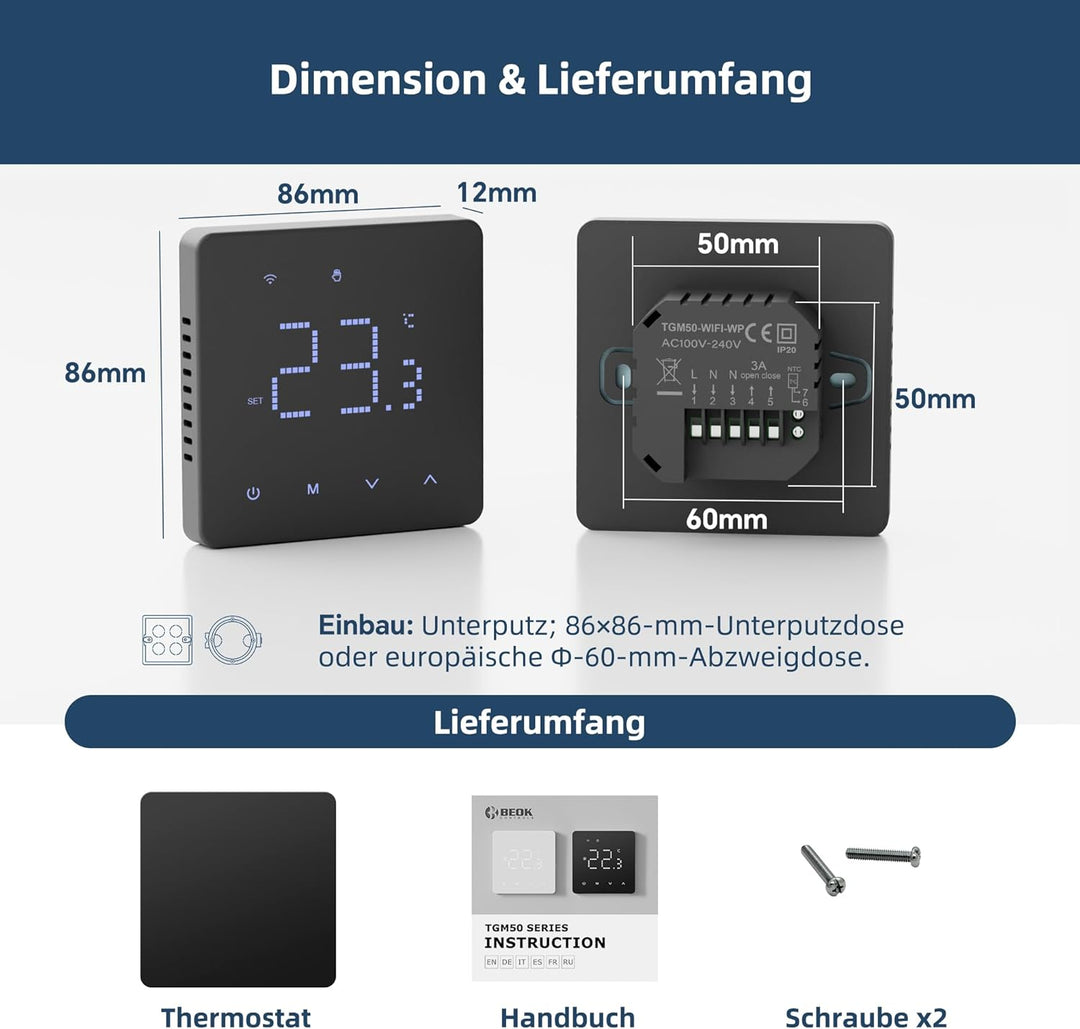 Beok Thermostat Fussbodenheizung Wasser, Tuya WiFi Raumthermostat Fussbodenheizung Thermostate Heizu