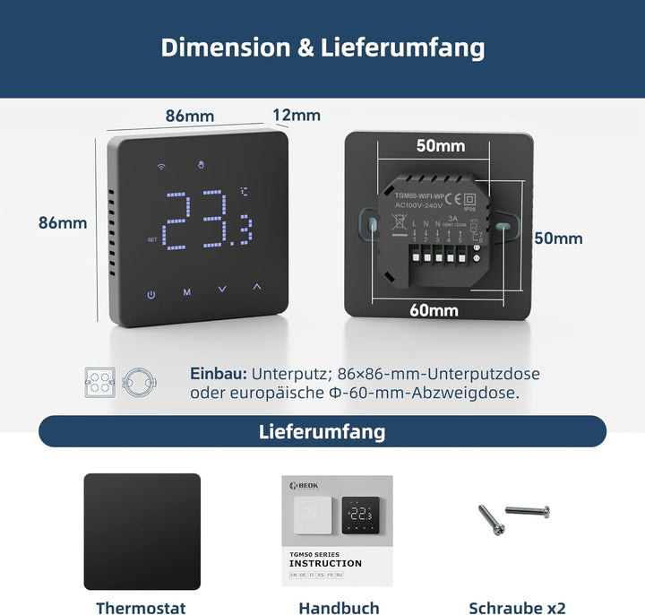 Beok Thermostat Fussbodenheizung Wasser, Tuya WiFi Raumthermostat Fussbodenheizung Thermostate Heizu