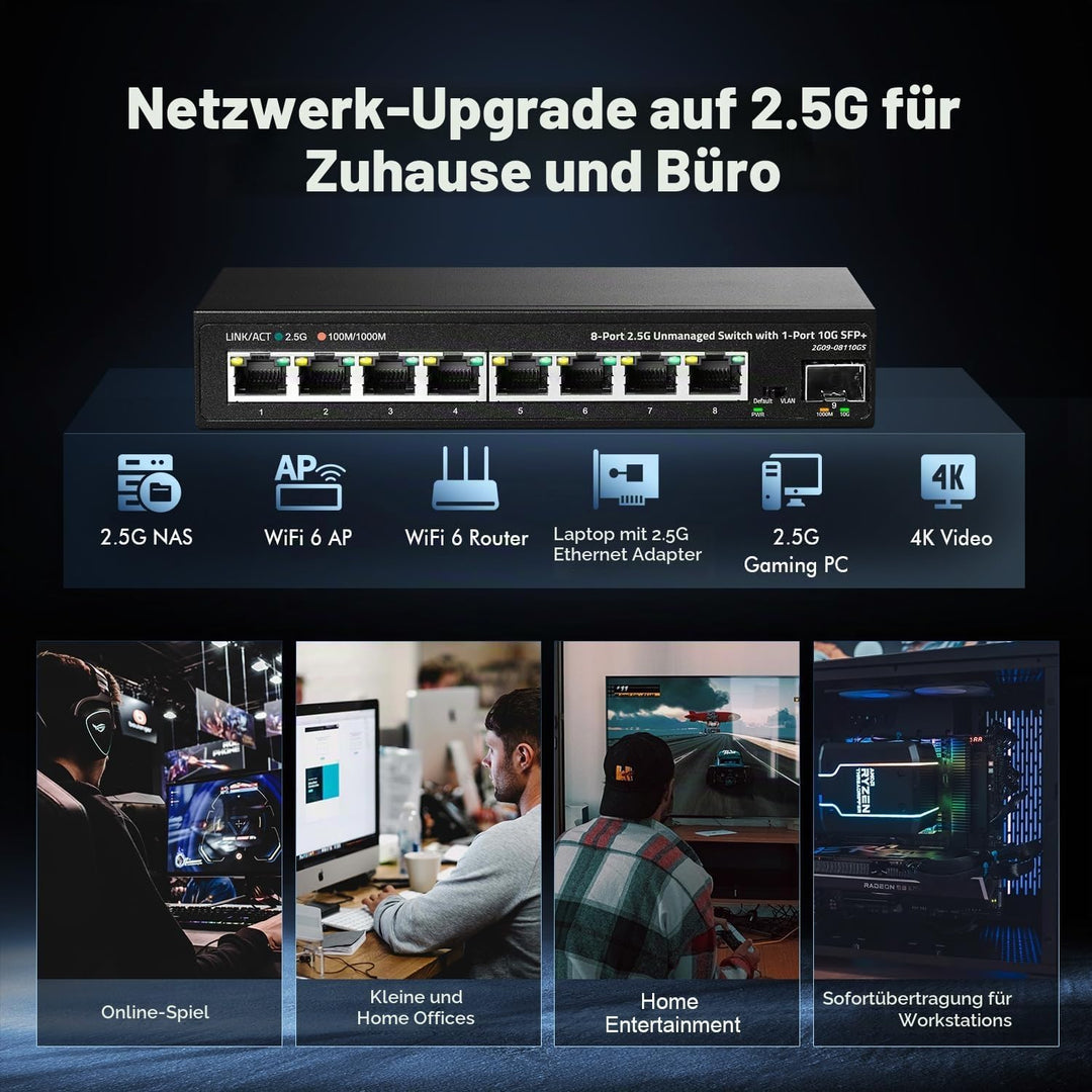 Binardat 8 Port 2.5G Switch mit 10G SFP+ Port, 8 x 2.5 Gigabit RJ-45 Base-T Ports, Unmanaged Multi-G