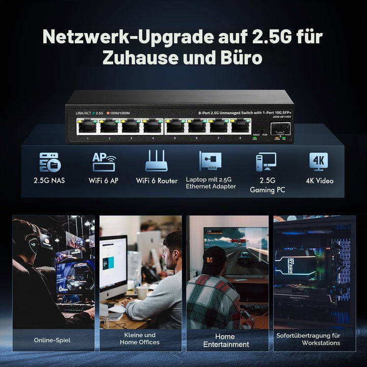Binardat 8 Port 2.5G Switch mit 10G SFP+ Port, 8 x 2.5 Gigabit RJ-45 Base-T Ports, Unmanaged Multi-G