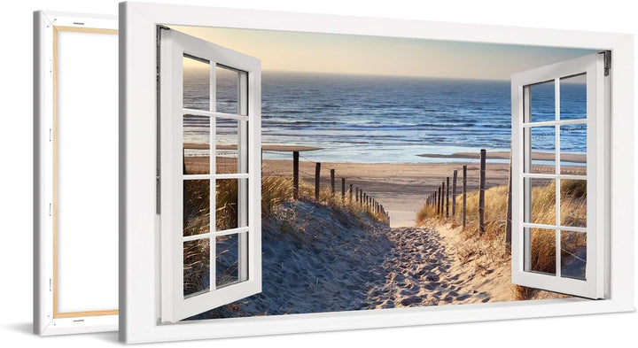 PICANOVA – Bild auf Leinwand Weg zum Meer Fenster 100x50cm – Leinwandbild – Premium Leinwanddruck –