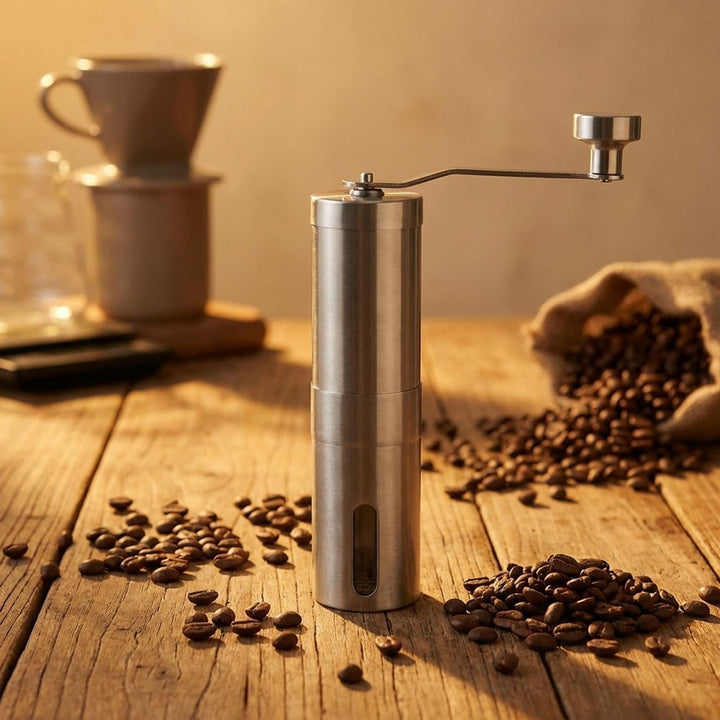 ideoon Robuste Handkaffeemühle Edelstahl mit Keramikmahlwerk, stufenlose Mahlgrad-Einstellung, abneh