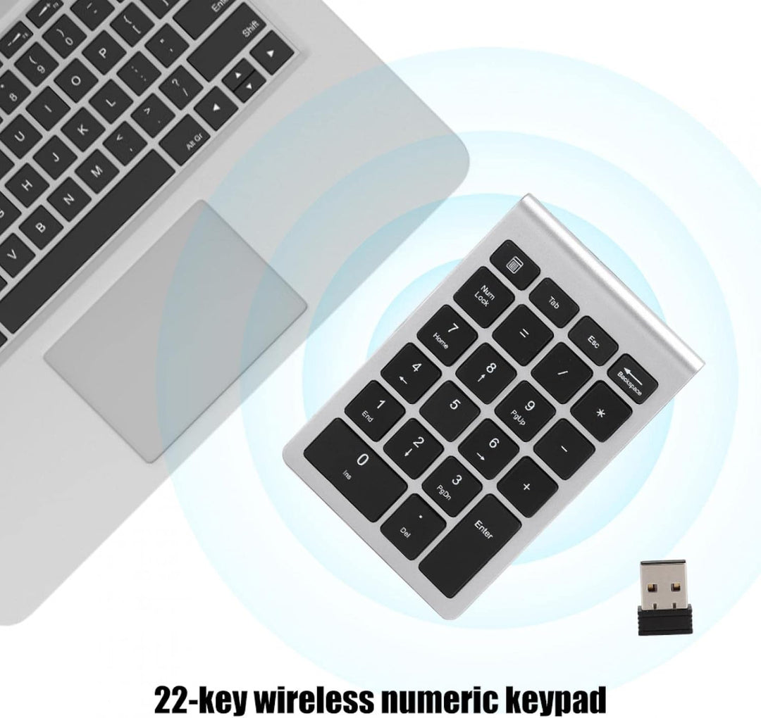 Bewinner RF304 Ziffernblock mit 22 Tasten, Kabellose USB-Plug-and-Play-Minitastatur mit Empfänger, E