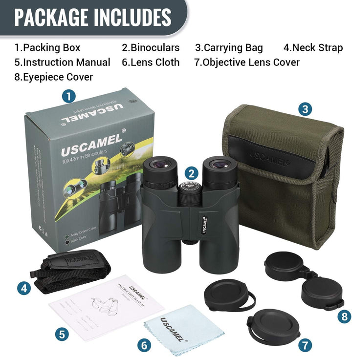 USCAMEL Fernglas Testsieger, 10x42 Wasserdicht Metallische Spiegelkörper Grüner Film Hohe Binoculars