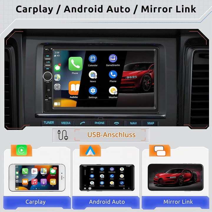 Hodozzy Autoradio 2 Din mit CarPlay Android Auto, Autoradio MP5 Player 7 Zoll Bildschirm Bluetooth m