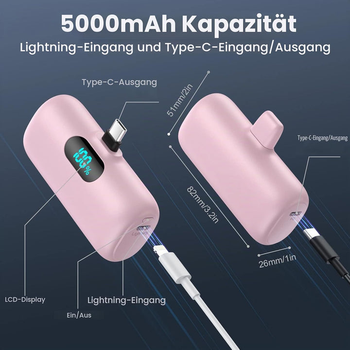 Power Bank USB C 5000mAh, Mini Powerbank Klein Aber Stark 15W PD 3.0 Schnelles Aufladen Tragbares Ex