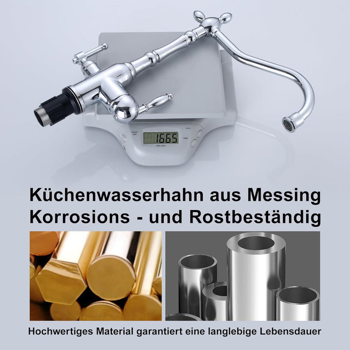 Florenta 3 Wege Wasserhahn Küche, 360° Drehbar Küchenarmatur Messing, 3 in 1 Mischbatterie für Wasse