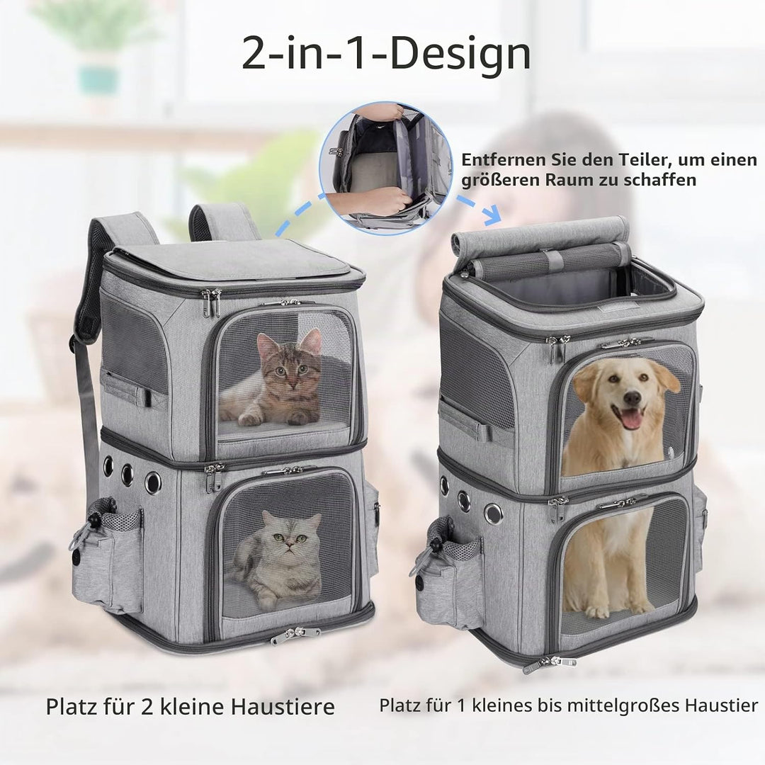 Rucksack für 2 Katzen, 2-in-1, abnehmbares Doppelfach, bis zu 12 kg, Transporttasche, faltbar und be