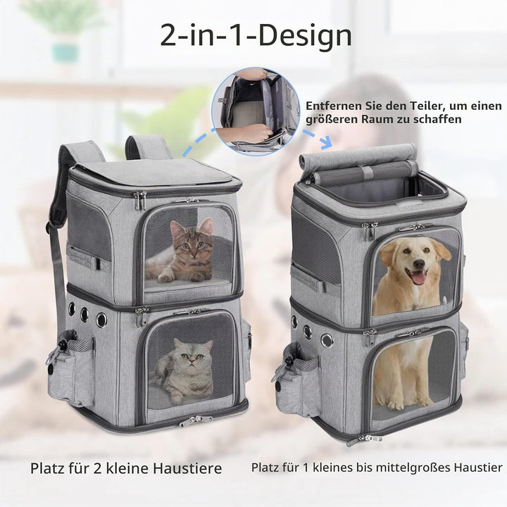 Rucksack für 2 Katzen, 2-in-1, abnehmbares Doppelfach, bis zu 12 kg, Transporttasche, faltbar und be