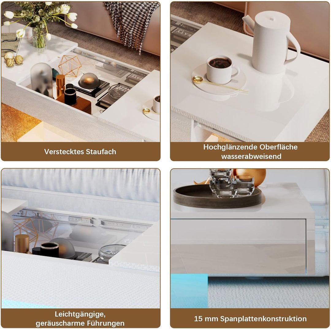 KEEPREAPER Couchtisch Hochglanz ausziehbar, Wohnzimmertisch versenkbar mit Stauraum für Sofa, 108x53