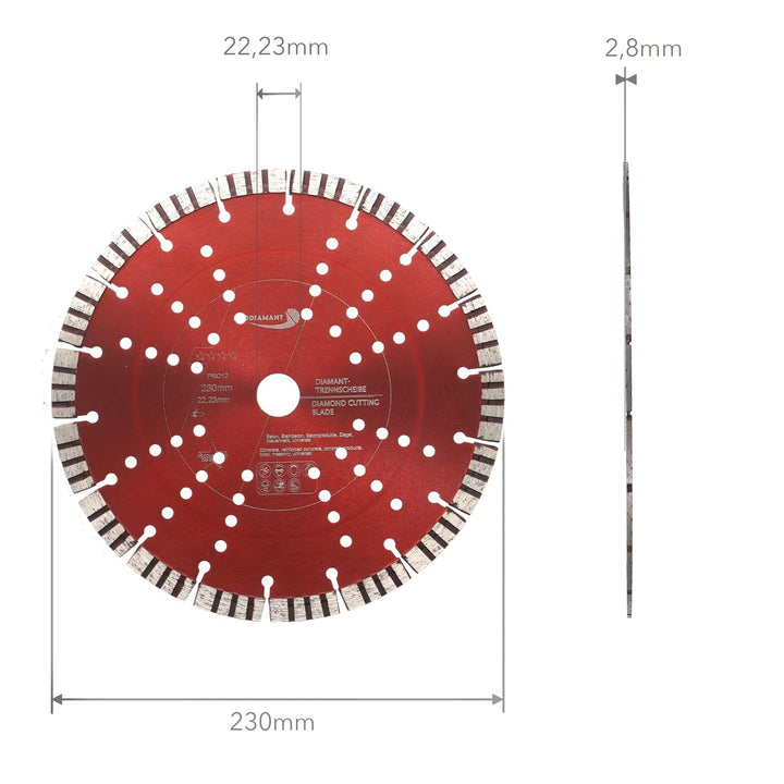 PRODIAMANT Turbo Diamant-Trennscheibe 230mm x 22,23 mm Segmenthöhe 12mm für Beton Naturstein Ziegel
