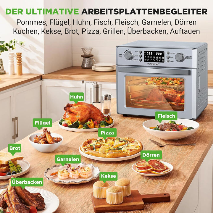 NutriChef Heissluftfritteuse 26L – Multifunktionaler Airfryer Ofen mit Rotisserie & Dampfgarer | 10-
