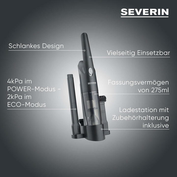 Severin 3-in-1 Handstaubsauger Akku, schlankes Design, bis zu 25 Minuten Laufzeit, 275 ml, Nass- & T