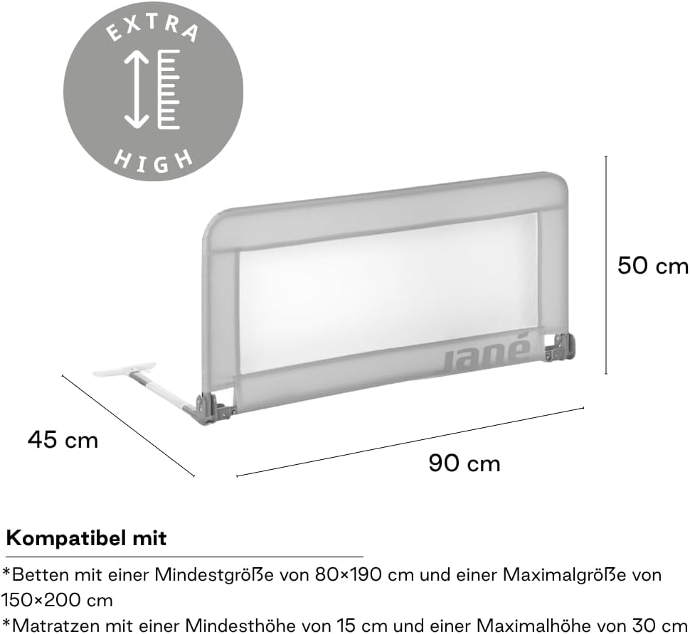Jané, klappbares Bettgitter, Länge 90 cm, Transporttasche, extra hoch, atmungsaktiv 90 cm Grau, 90 c