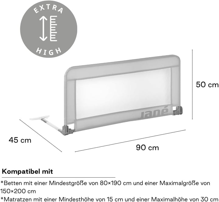 Jané, klappbares Bettgitter, Länge 90 cm, Transporttasche, extra hoch, atmungsaktiv 90 cm Grau, 90 c