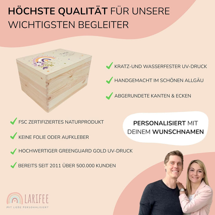 LARIFEE Erinnerungskiste personalisiert Regenbogen Blumen mit Name – Baby Erinnerungsbox Holz mittel