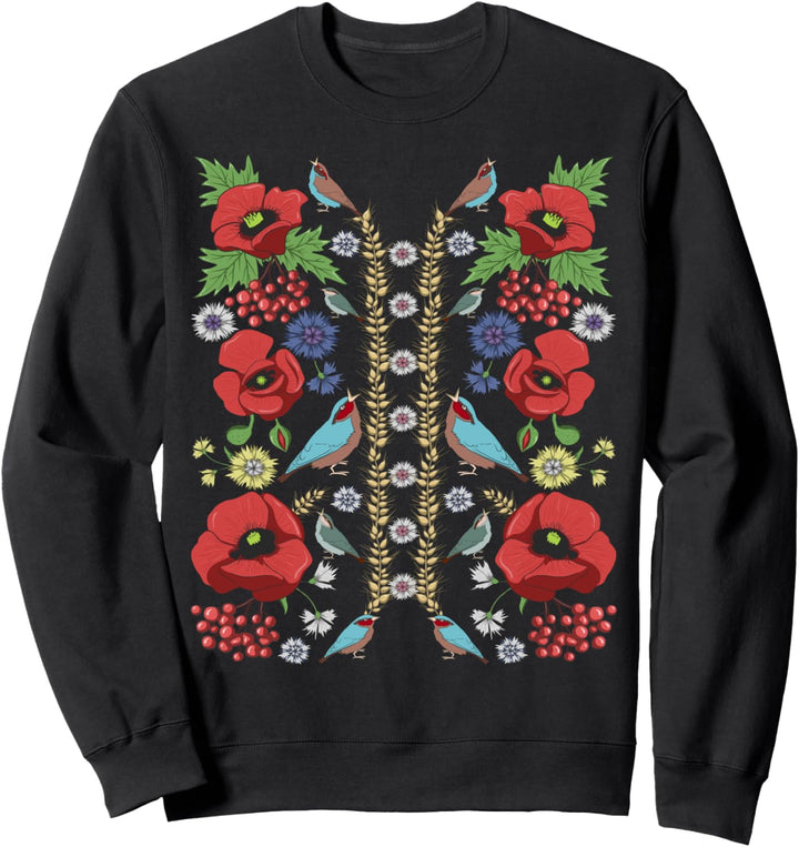 Rote Mohnblumen & Vögel Vintage Floral Ukrainische Vyshyvanka Sweatshirt