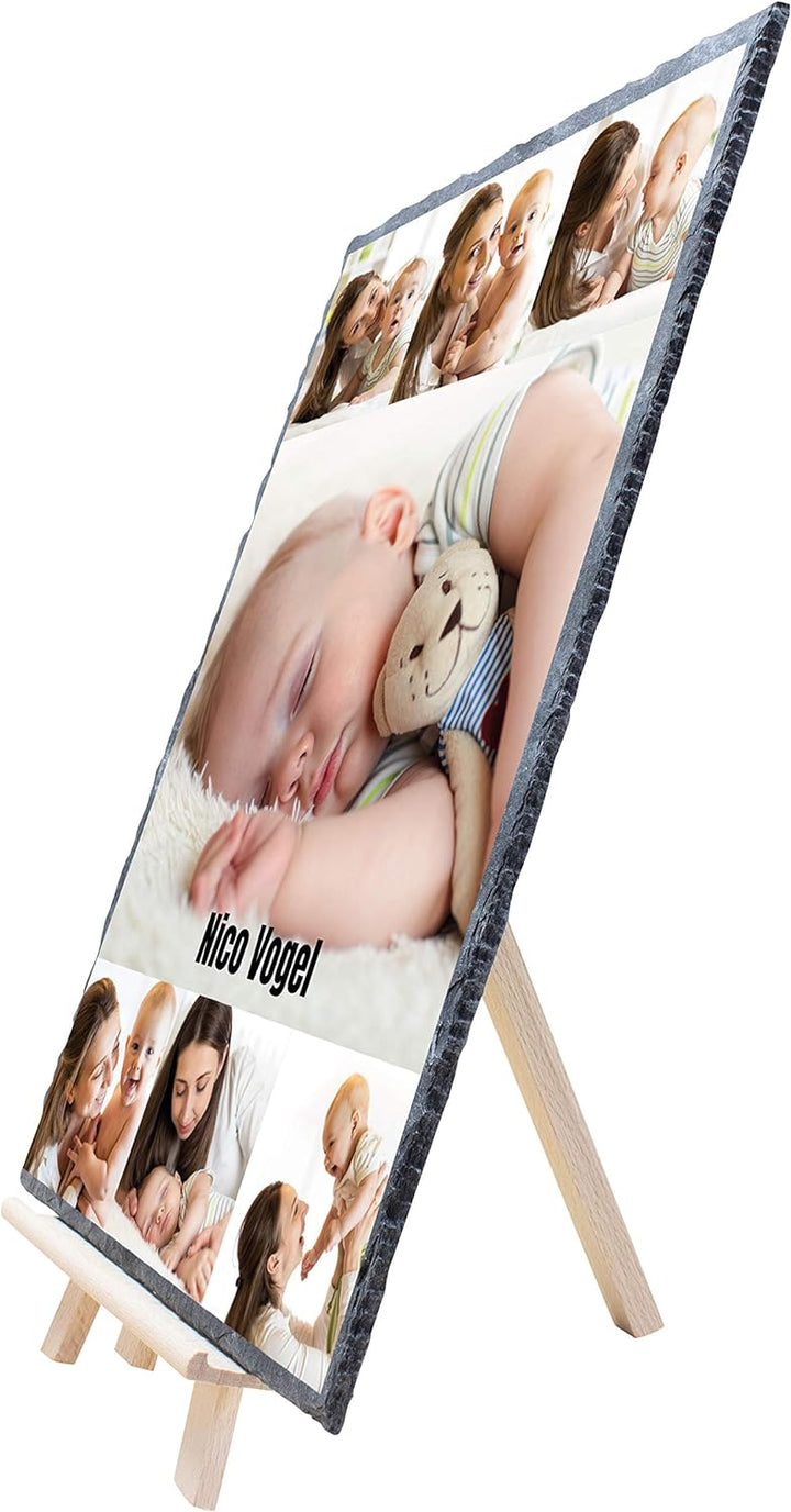 wandmotiv24 Schieferplatte mit eigenen Fotos zur Geburt, 20 x 30 cm, inklusive Staffelei, 7 Fotos +