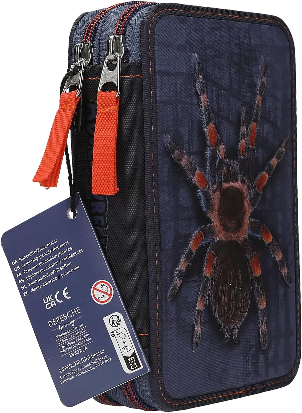 Depesche 13332 Adventure World - Gefüllte 2-Fach Federtasche in Dunkelblau, mit Spinnen Motiv und 3D