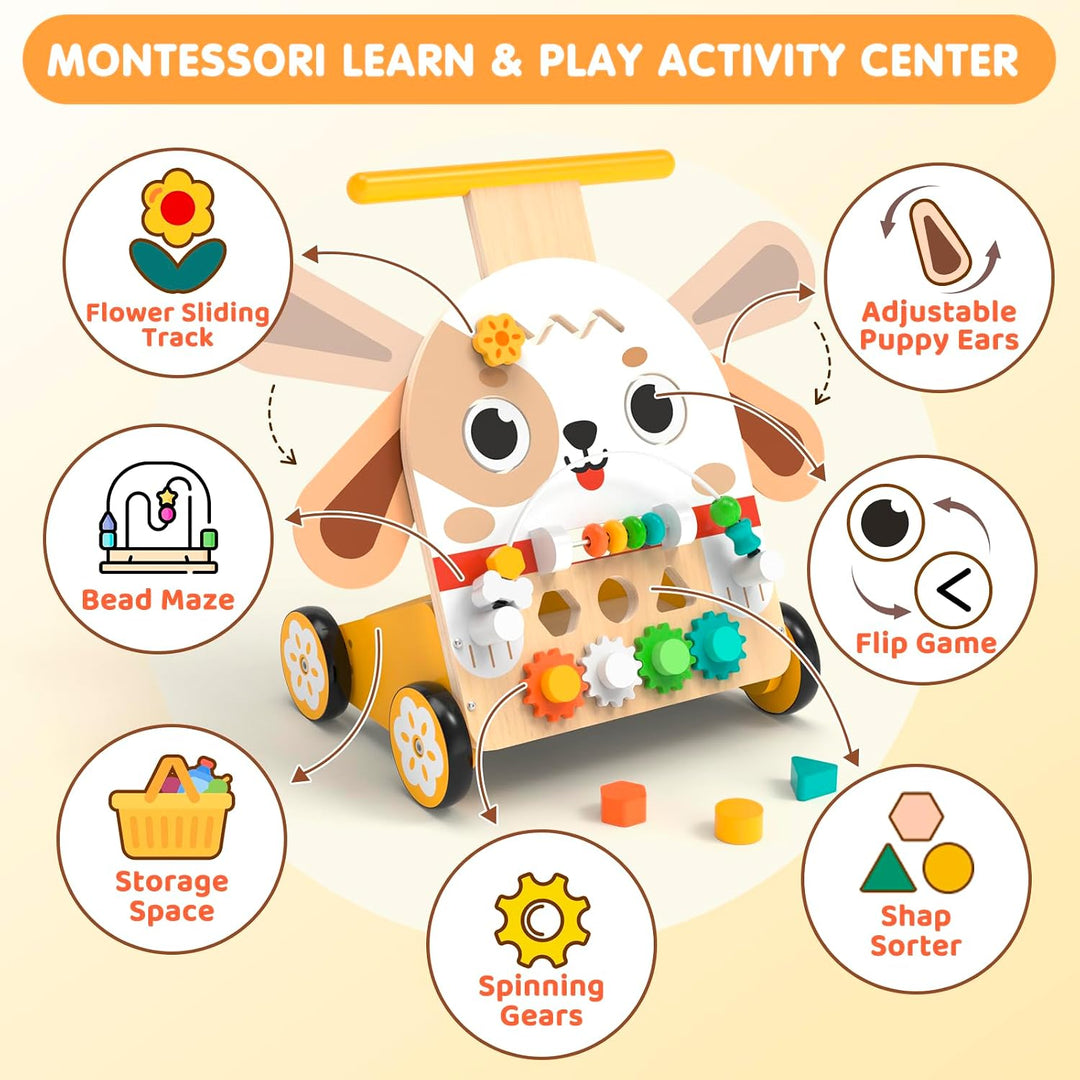 Lauflernwagen Holz Hund Montessori 6-in-1, Motorikwürfel | Lauflernwagen im niedlichen Hunde-Design,