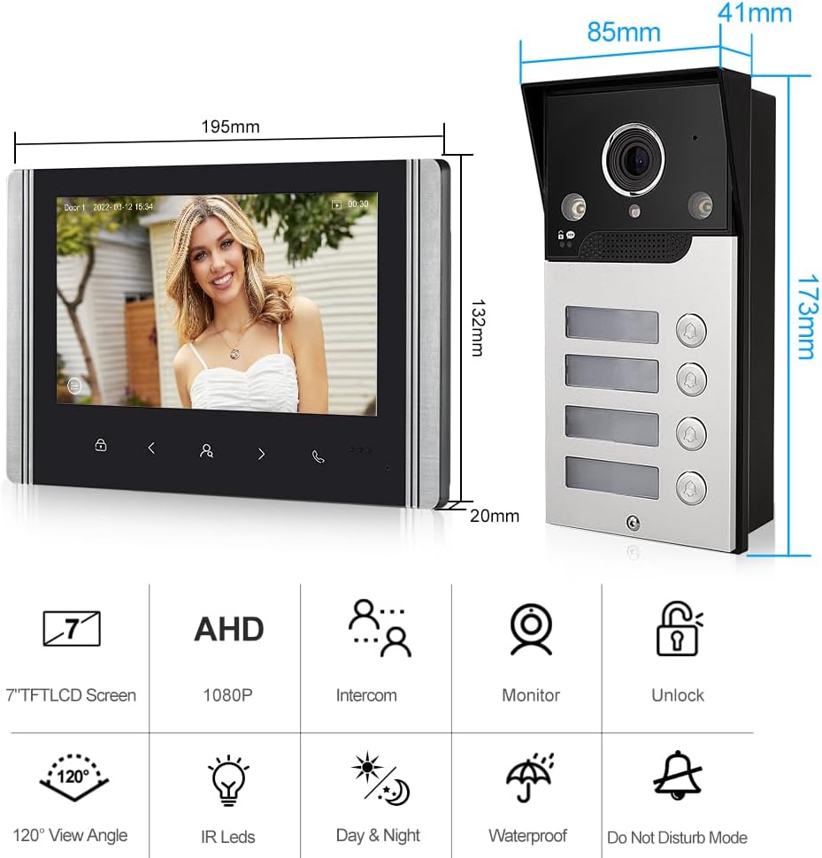 FTes RFKits WLAN Wireless Video Türsprechanlage,1080P Aussenkamera,7 Zoll Touchscreen Wireless Monit