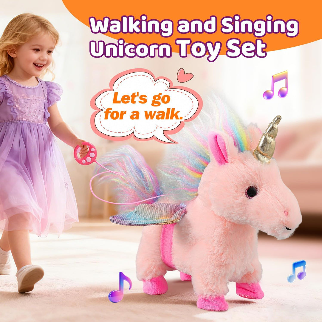 Marsjoy Gehendes Einhorn-Spielzeugset Singendes Tanzendes Elektronisches Plüsch-Pony mit Leine, Berü