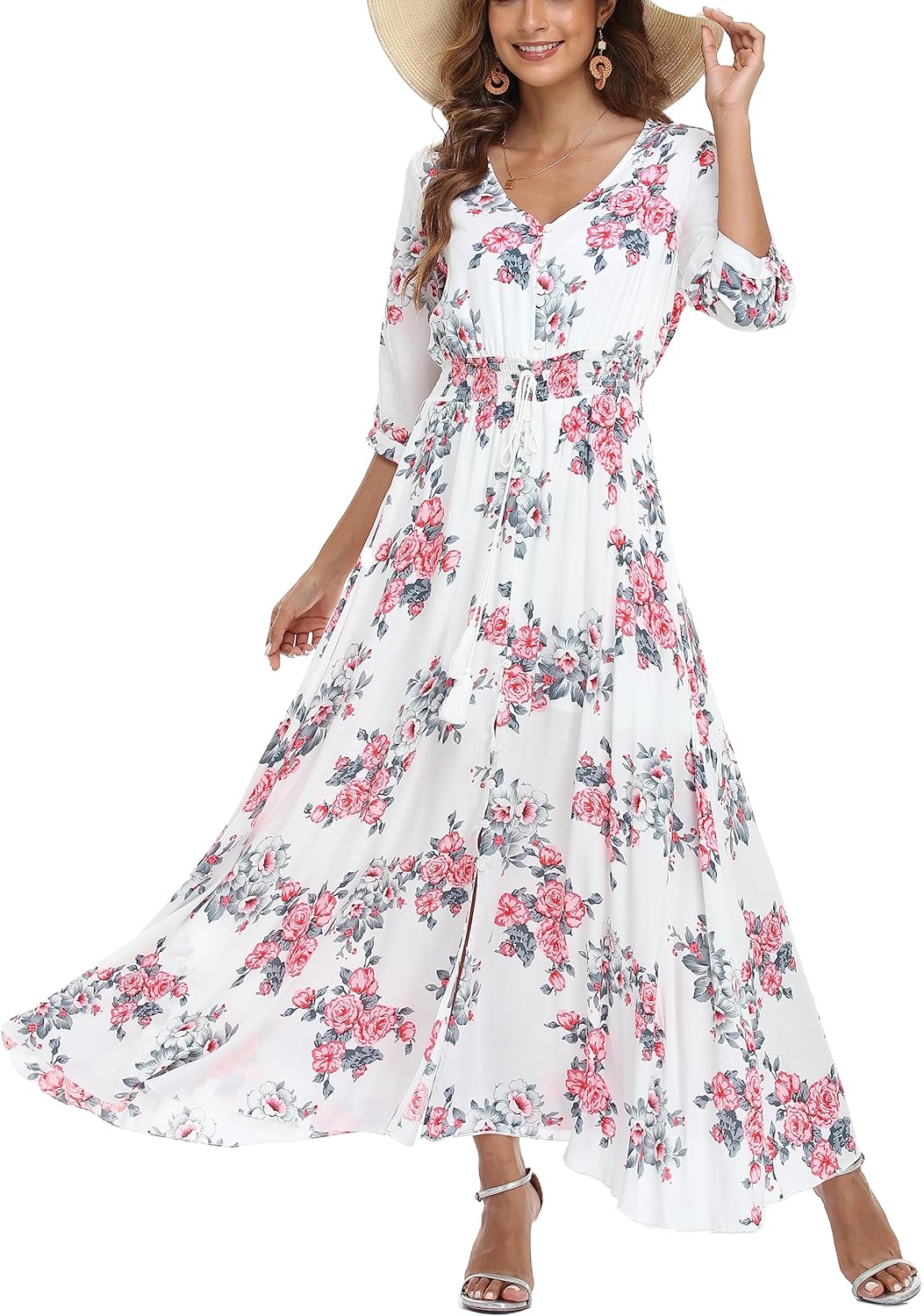 VOGMATE Damen Lange Split Knopf Up Sommer Maxikleid Floral Strandwear Holidy Kleid Hohe Taille mit k
