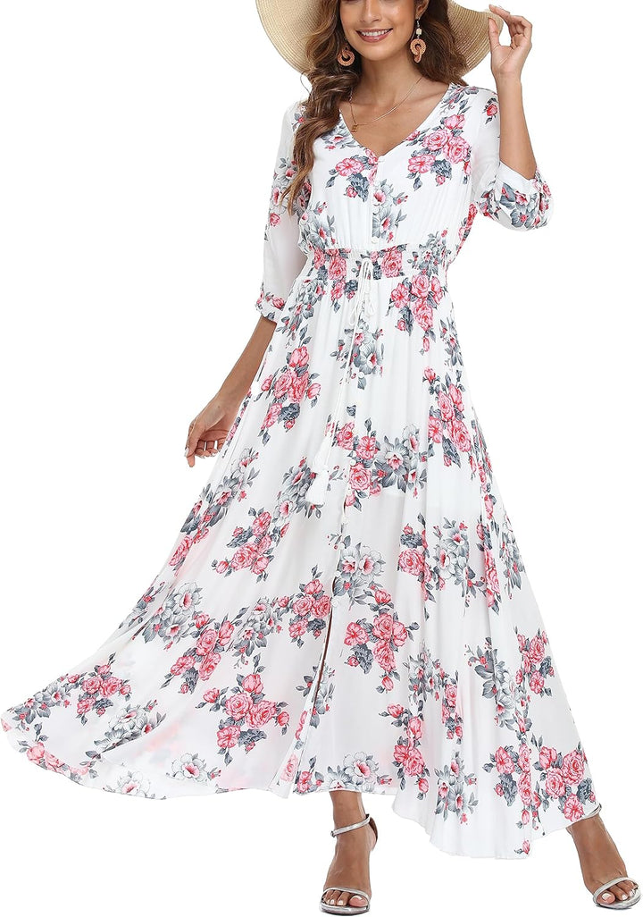 VOGMATE Damen Lange Split Knopf Up Sommer Maxikleid Floral Strandwear Holidy Kleid Hohe Taille mit k