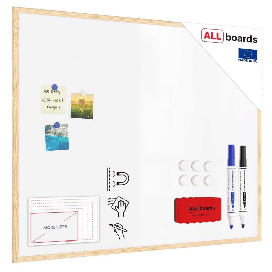 ALLboards Whiteboard mit Holzrahmen 100x80cm Magnettafel Weiss Magnetisch, Trocken Abwischbar 100B x