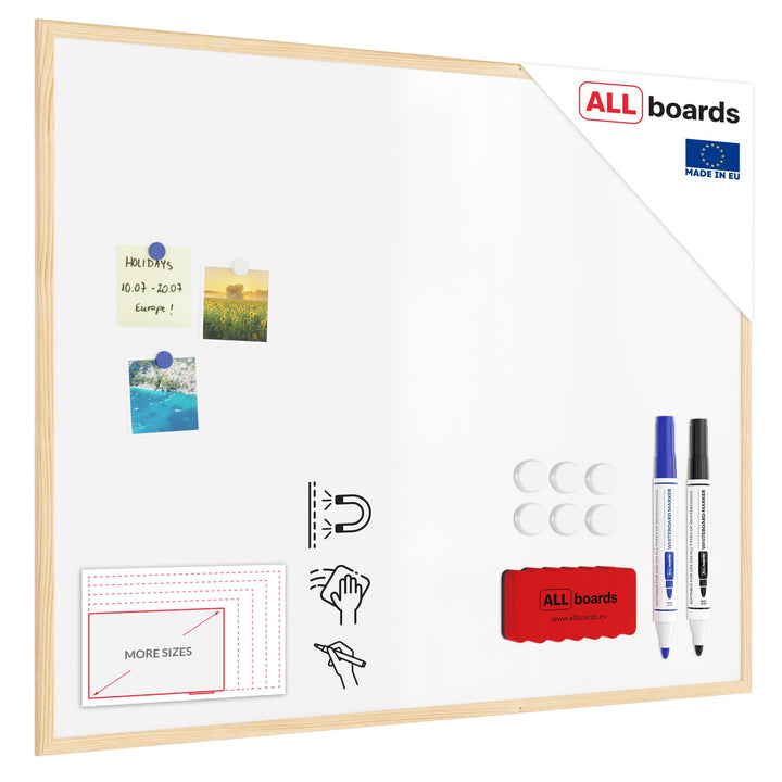 ALLboards Whiteboard mit Holzrahmen 100x80cm Magnettafel Weiss Magnetisch, Trocken Abwischbar 100B x