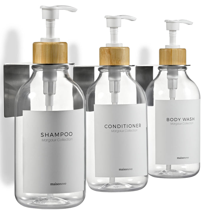 MAISONOVO Bohrfreier Shampoo-/Seifenspender für Duschwand, 3 Kammern mit Wasserdichten Etiketten, 3