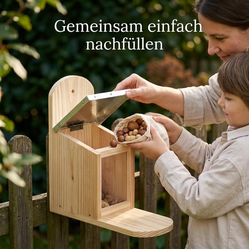 MIJOMA Futterstation für Eichhörnchen – mit Metall-Klappdeckel – aus Tannenholz – für Garten, Balkon
