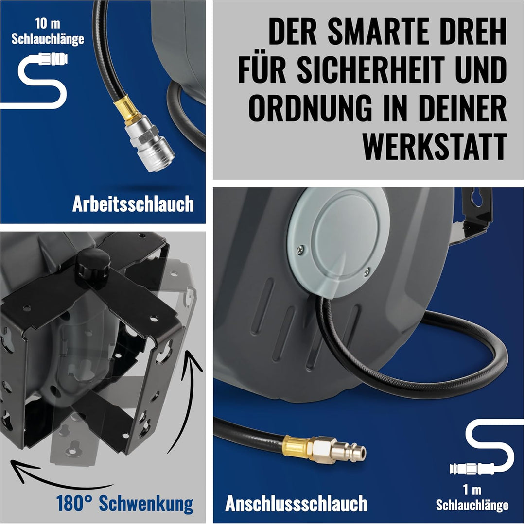 Poppstar Druckluftschlauchtrommel (Schlauch: 10m + 1m, Innendurchmesser 5/16"(8x12mm), 3/8"BSPT), Sc
