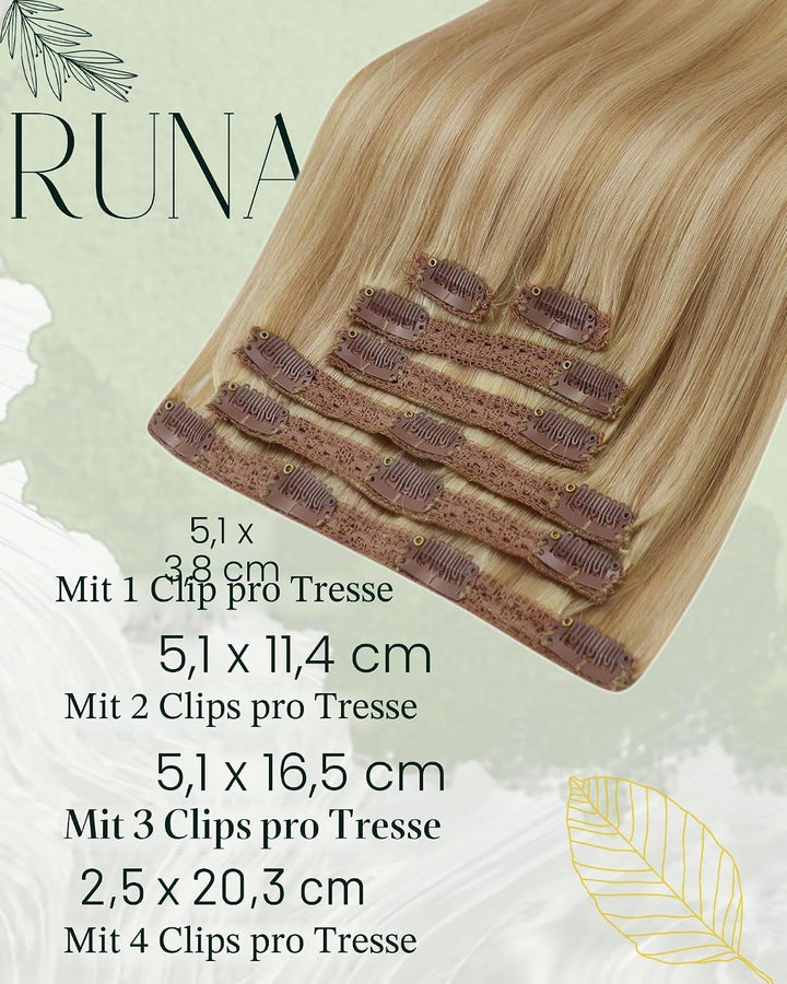 RUNATURE Clip Extensions Echthaar Goldblond mit Hellblond Clip in Echthaar Extensions Remy Haar Clip