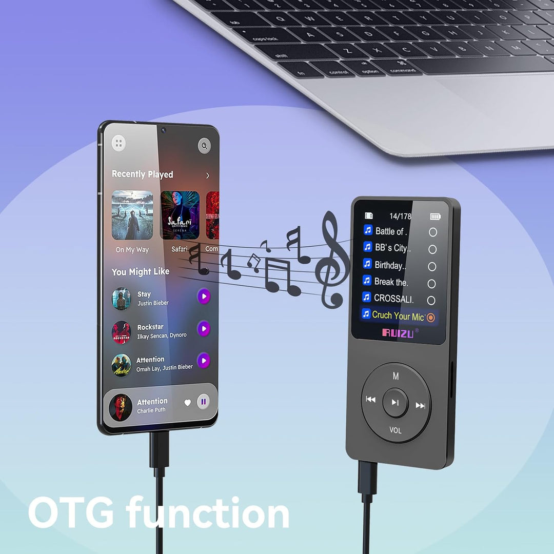 16GB MP3 Player mit Bluetooth 5.3, Ultraleicht (30 Gramm), bis zu 80 Stunden Akkulaufzeit, 1.8-Zoll-
