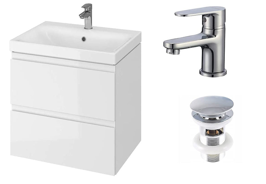 VBChome Badmöbel 50 cm Weiss mit Armatur und Pop-up ventil Waschbecken mit Unterschrank hängend häng