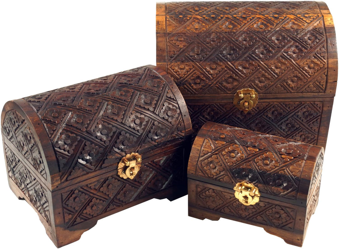 GURU SHOP Halbrunde Beschnitzte Kleine Schatztruhe, Holzschachtel, Schmuck Dose in 3 Grössen - Model