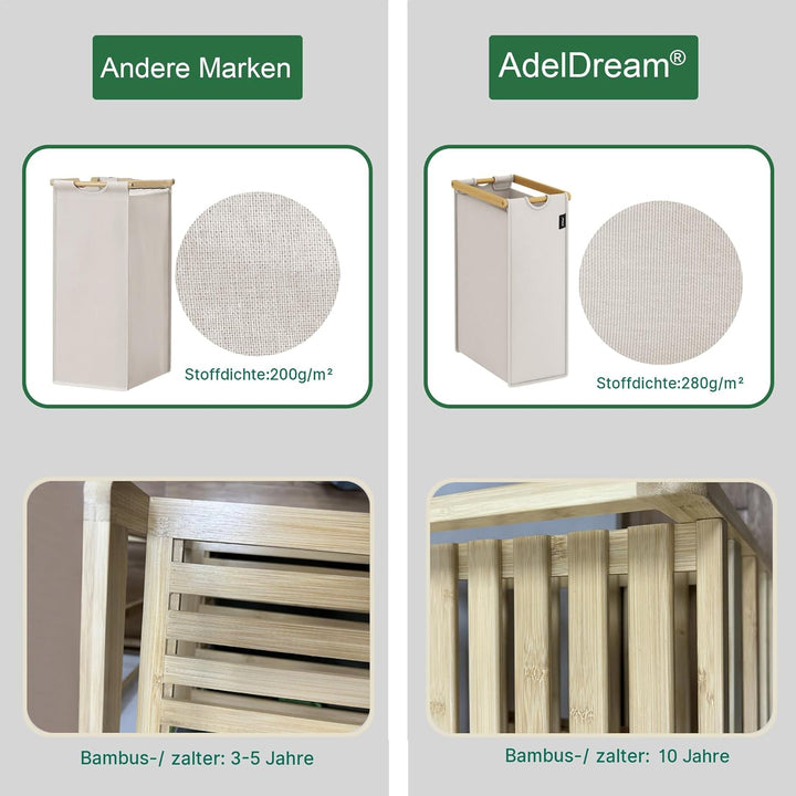 AdelDream Wäschekorb 200L,4 Fächer Wäschesammler,2 Ablagen,Bambus | Wäschesortierer 4 x 50L,ausziehb