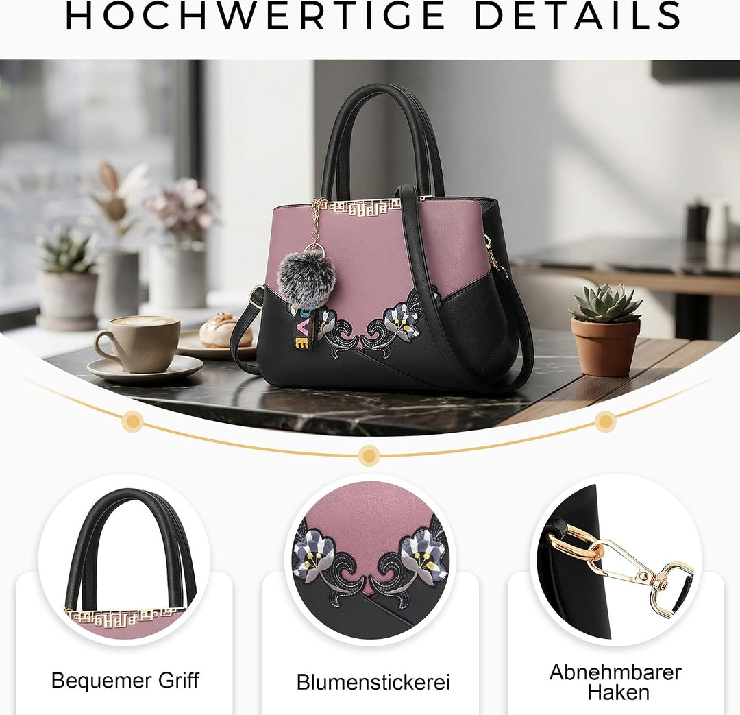 VARLIVOO Damen Handtasche Schultertasche Blumenmuster Frauen Umhängetasche Pom Pom Dekoration Shoppe