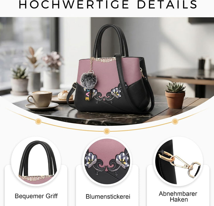 VARLIVOO Damen Handtasche Schultertasche Blumenmuster Frauen Umhängetasche Pom Pom Dekoration Shoppe