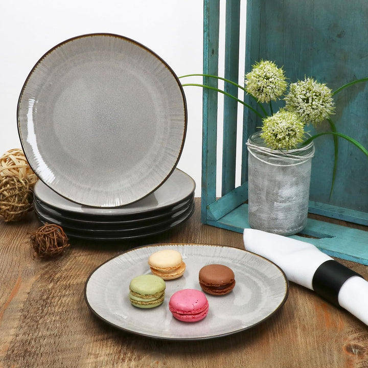 MamboCat 6er Set Reactive Glaze Dark Cement Kuchenteller I handgefertigte Steingut-Frühstücksteller