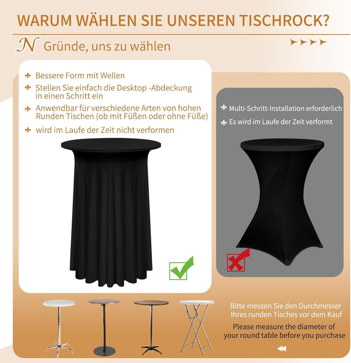 3 Packs Spandex Cocktail Tischdecke mit Röcken 60x110cm, schwarzer Stretch Cocktail Tischtuch für ho