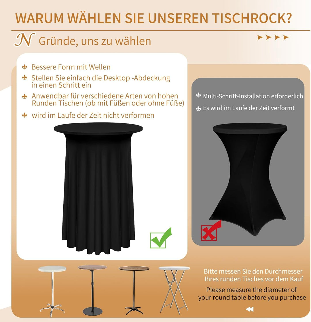 3 Packs Spandex Cocktail Tischdecke mit Röcken 80x110cm, schwarzer Stretch Cocktail Tisch für hohen