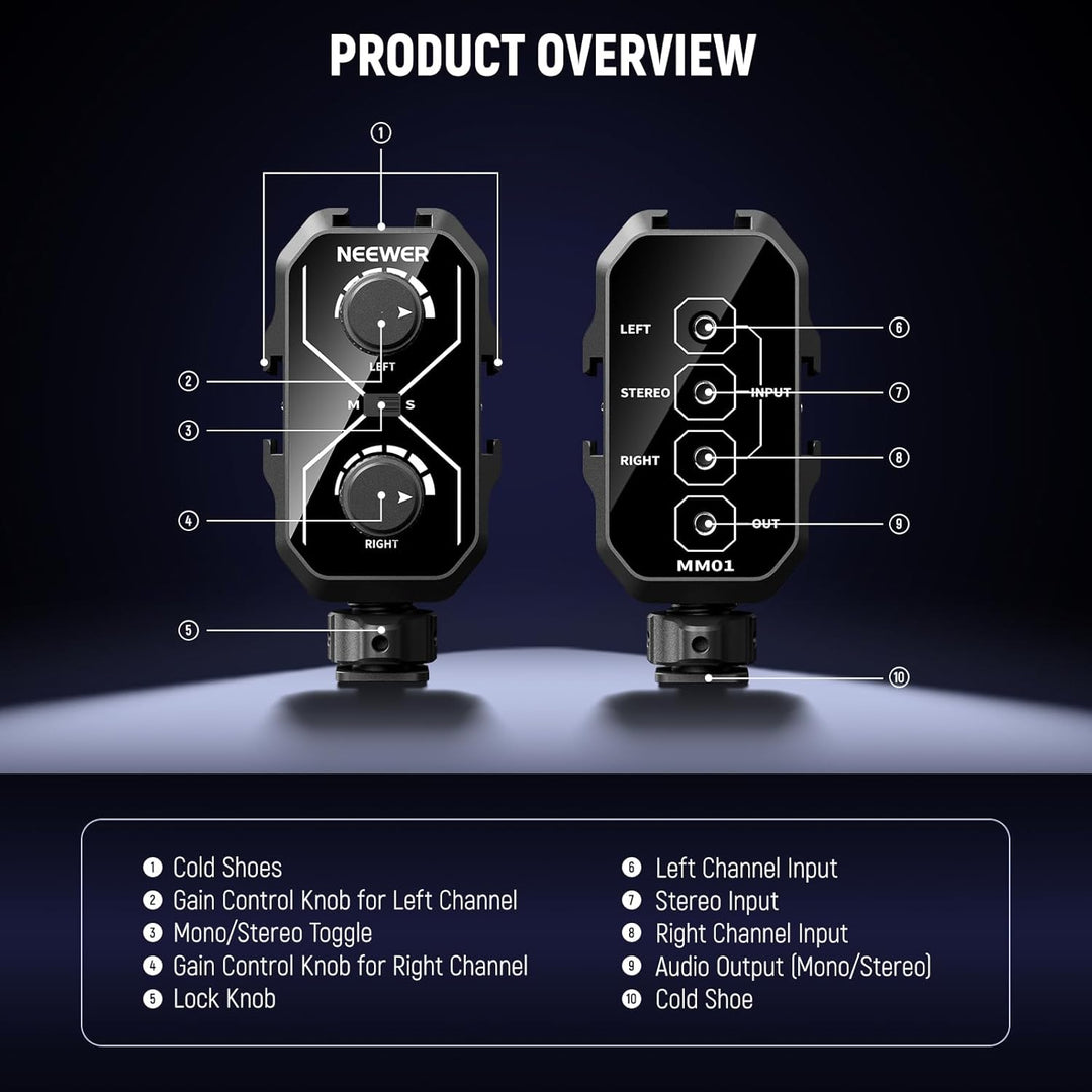 NEEWER MM01 Zweikanal Mikrofon Audiomixer Adapter mit 3,5mm TRS Kabel, Stereo und Mono Schalter, Col