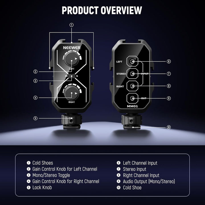 NEEWER MM01 Zweikanal Mikrofon Audiomixer Adapter mit 3,5mm TRS Kabel, Stereo und Mono Schalter, Col