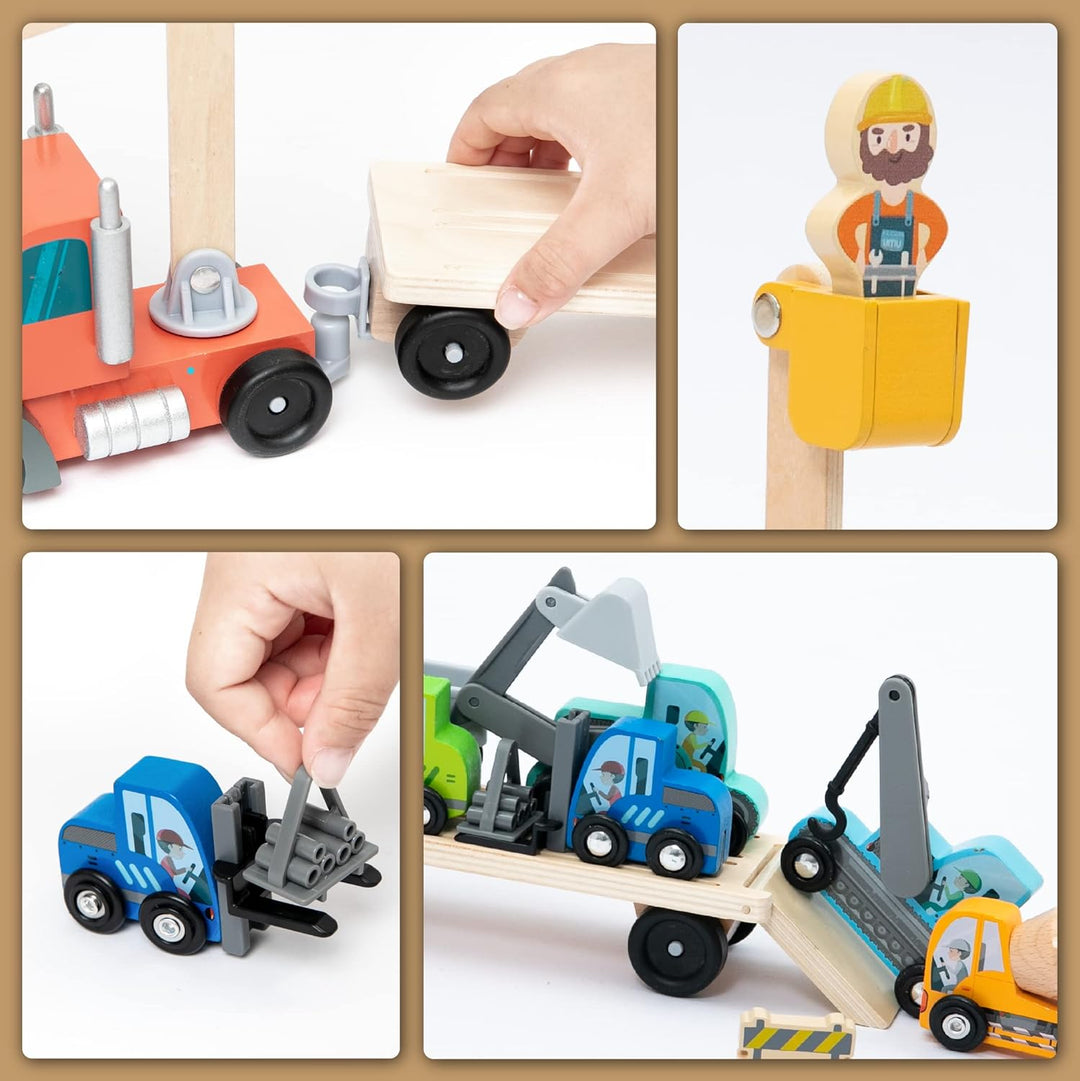 umu® Holz Baufahrzeug Transporter Spielset für Kinder kompatibel mit Brio World Eisenbahn Sets & And