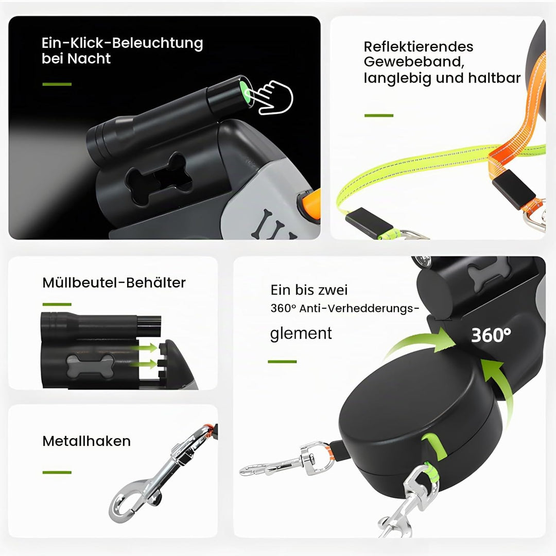 Doppelte Einziehbare Hundeleine 3 m für 2 Hunde, Rollleine mit LED-Licht, 360° drehbar, automatische