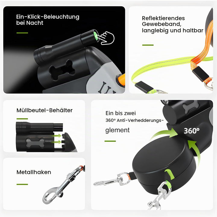 Einziehbare Rollleine 3m, Hundeleine Für Kleine &amp; Mittelgrosse Hunde, Doppelleine für 2 Hunde Mit Ta